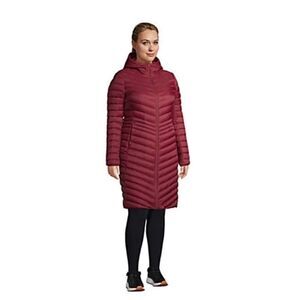 Land’s End Ultralight Quilted Down hooded Puffer Coat oversize long burgundy XSP